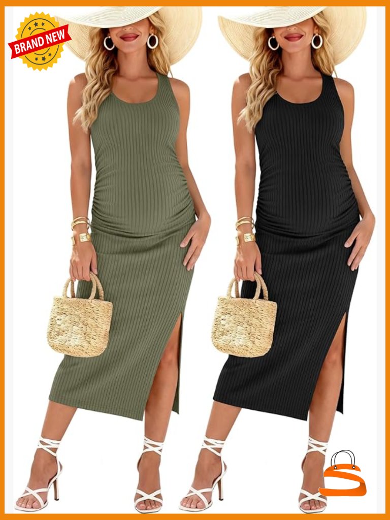 2 Pack Maternity Ribbed Knit Tank Dresses Sleeveless Crew Neck Bodycon Ruched
